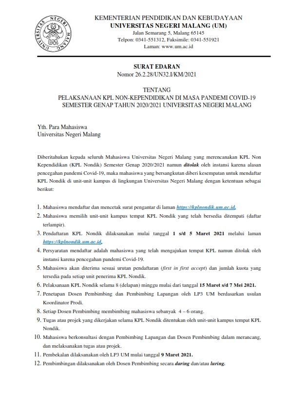 Surat Edaran tentang “Pelaksanaan KPL Non Kependidikan di Masa Pandemi Covid-19 Semester Genap Tahun 2020/2021 Universitas Negeri Malang”
